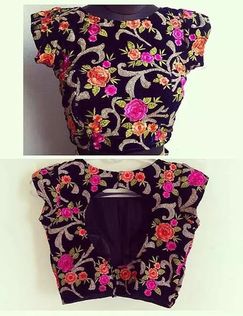 Velvet patch work blouse with neck design
