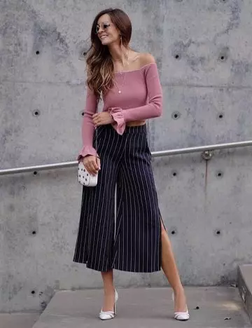 Culottes with an off-shoulder bell sleeves sweater