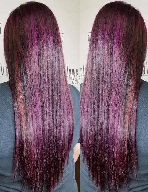 Violet highlights with red streaks for dark hair