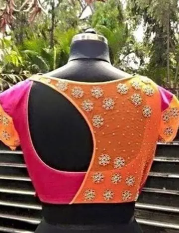 Half and half patch work blouse with embroidery neck design