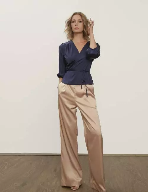 Wrap blouse with beige culottes