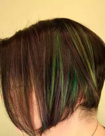 Lime green and violet highlights for dark brown hair
