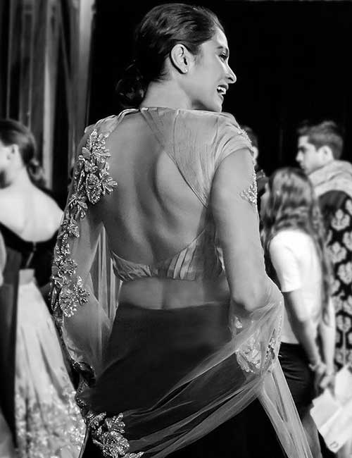 16. Satin And Sheer Lehenga With Broad Back Neck