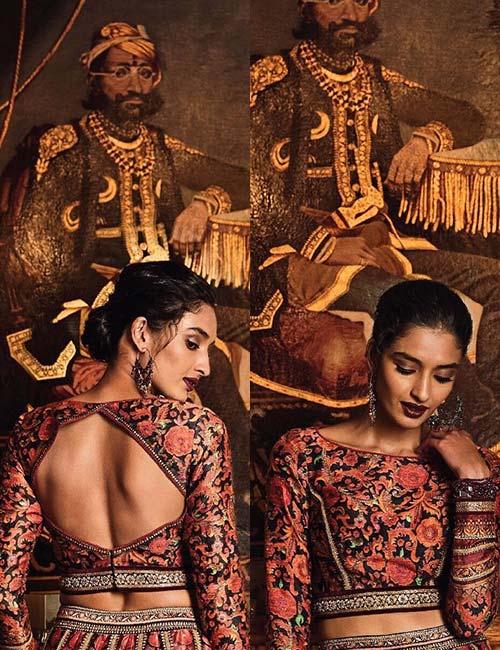 Til embroidery lehenga blouse design with a broad back neck