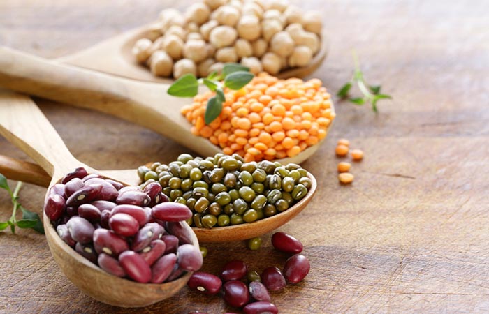Close up of different kinds of legumes on the table.