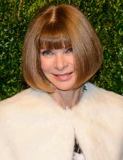 Rounded edge bob with straight bangs hairstyle for older women