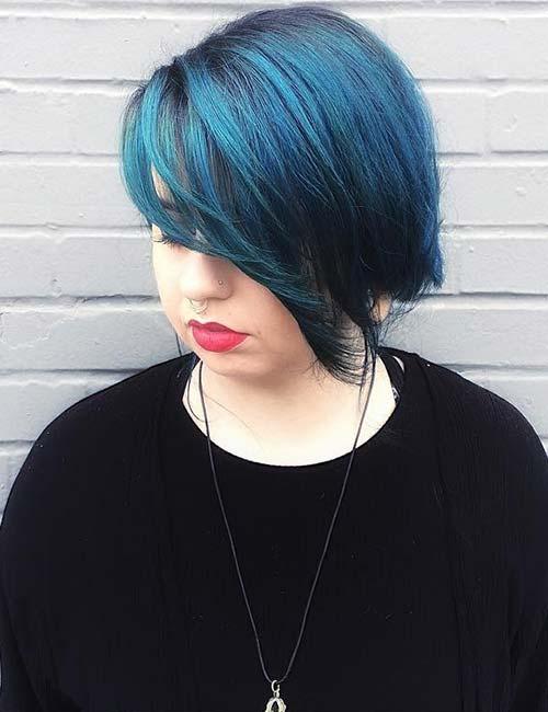 Blue hair hairstyle with side-swept bangs