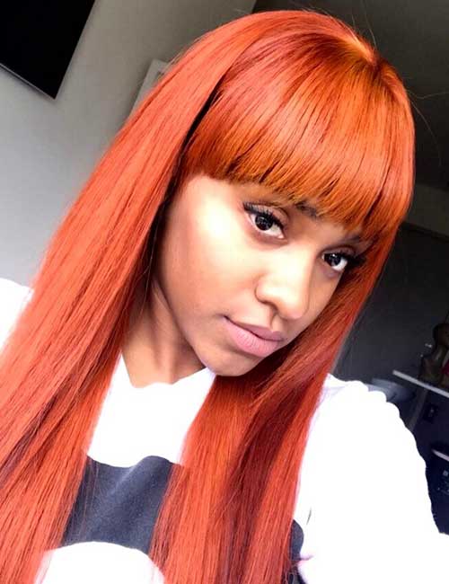 Ginger locks with straight cut bangs sew-in hair