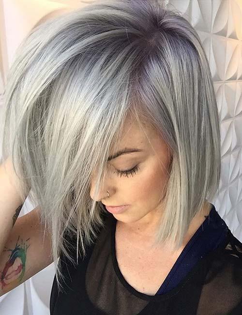 Long sterling bob hairstyle with side-swept bangs