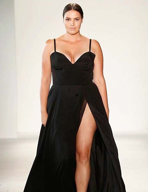 Plus size model Candice Huffine in an elegant black dress