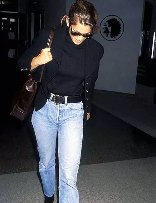 Mom jeans with a black turtleneck and a jacket