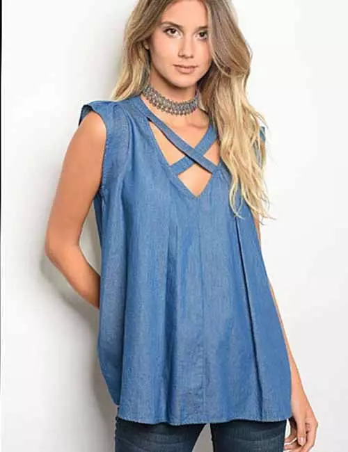 Denim shirt with crisscross chambray tunic top and jeggings