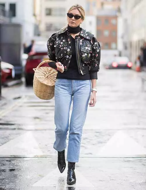 Mom jeans with a floral biker jacket