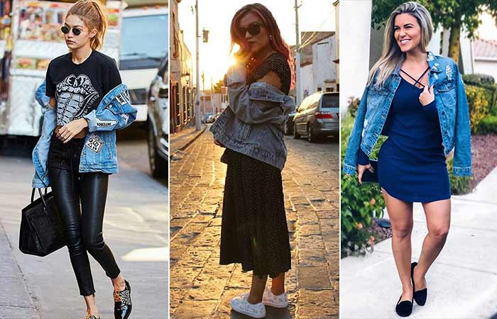 Denim jacket with dresses, gowns, and jeans