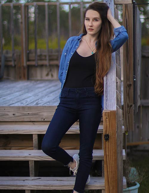 Denim shirt with dark wash jeans and a tank