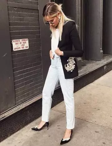 White-washed mom jeans with a blazer