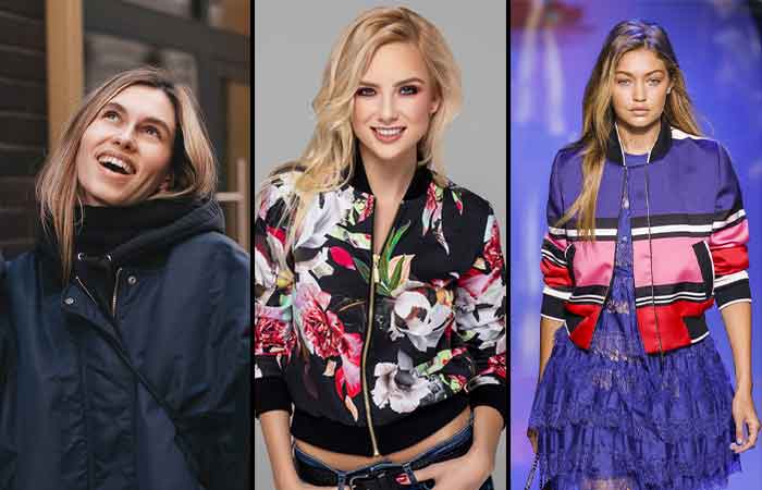 Women wearing different types of bomber jackets
