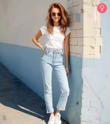 Woman Wearing Boyfriend Jeans In A Stylish Outfit