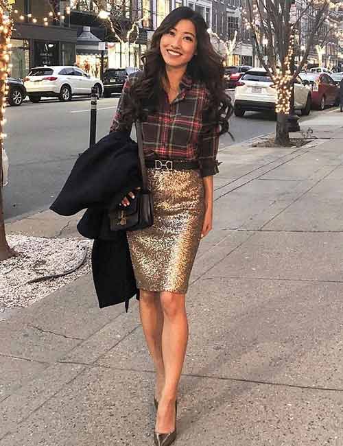Sequin skirt and tucked in shirt for petite women