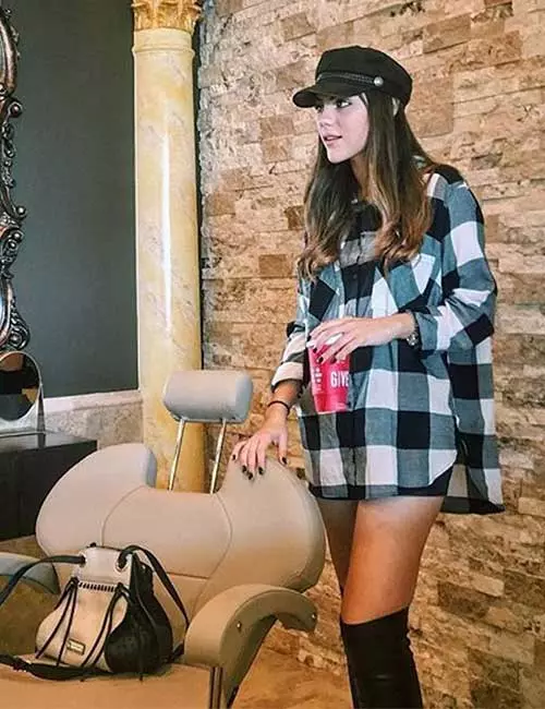 Knee high boots with a checkered shirt dress