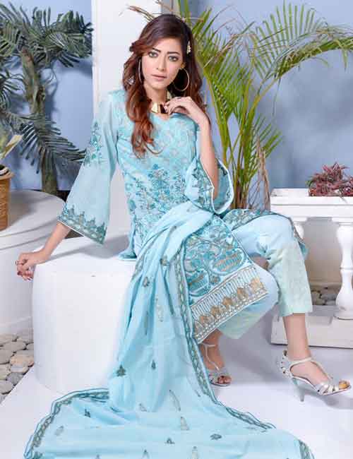 A woman wearing a blue anarkali suit teamed with a matching chiffon dupatta