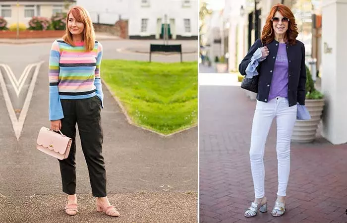 Striped sweaters and ankle length trousers for women over 50