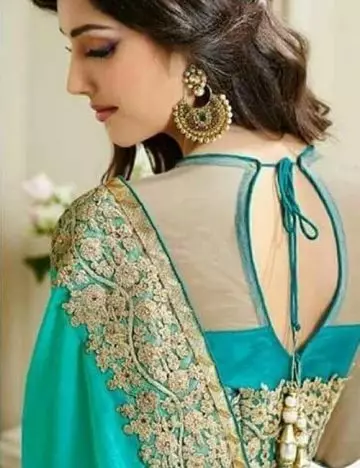 Chiffon and net blouse design with golden embroidery