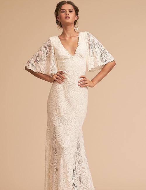 Vintage Wedding Dresses - Lace Dress With Flap Sleeves And V-Neck