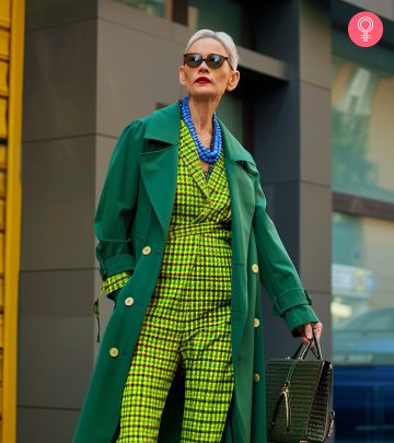 Woman with a blond pageboy haircut