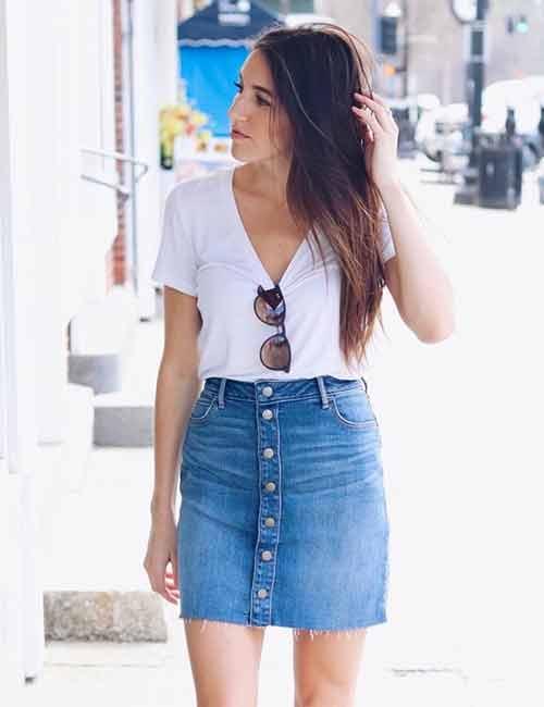 casual outfits with denim skirt