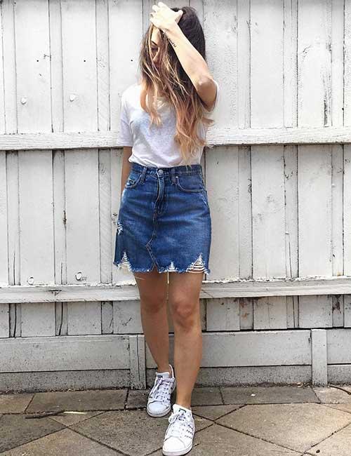 jeans skirt and sneakers