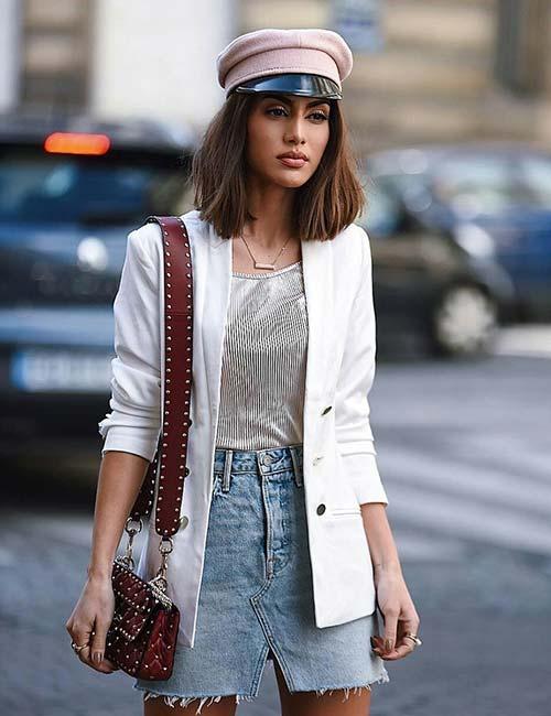 V-cut denim skirt with a blazer outfit