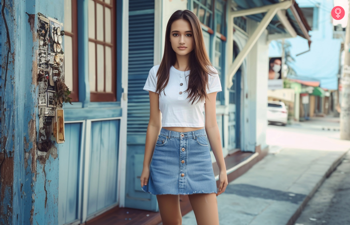 Button-down denim skirt with a plain t-shirt