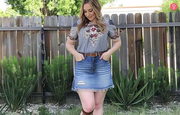 Denim skirt with embroidered shirt and belt