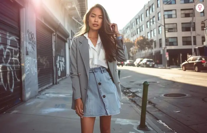 Faded denim skirt with formal blazer