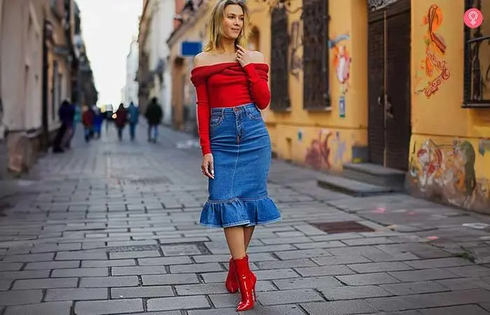 Long denim skirt with cashmere