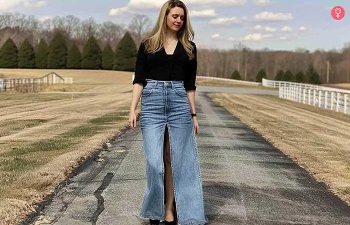 Long denim skirt with center slit