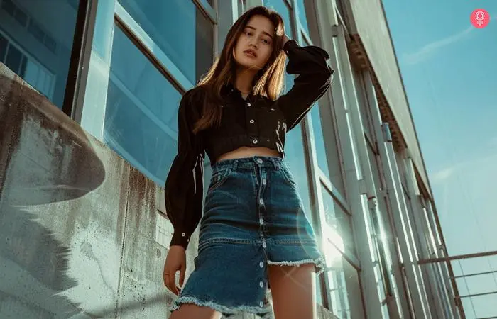 Shirt style denim skirt with off shoulder top