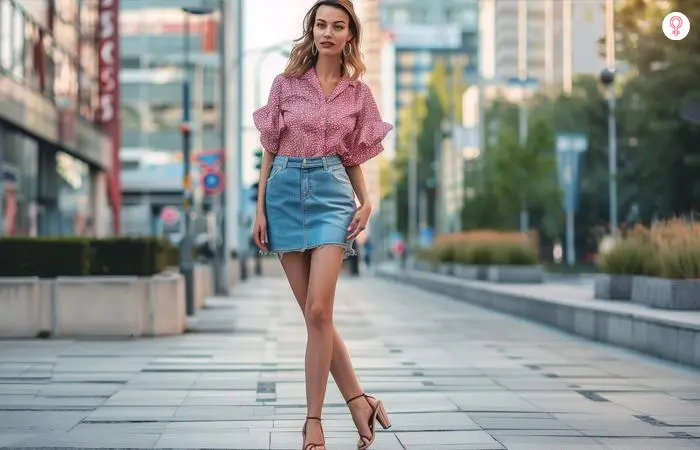 Woman wearing a blue denim skirt with a polka dots shirt