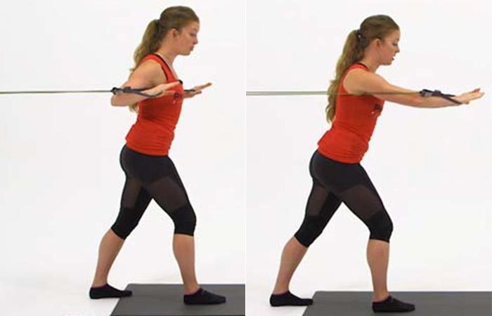 Staggered chest press excercise with resistance band