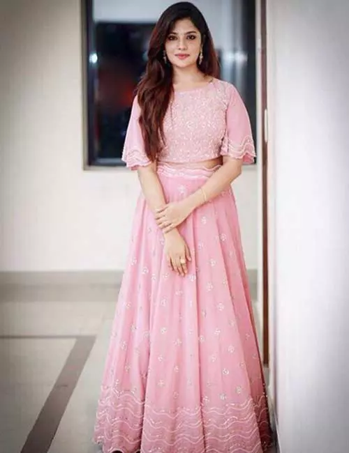 Pink ghagra with butterfly sleeved style