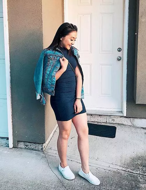 Jeans jacket with bodycon dress