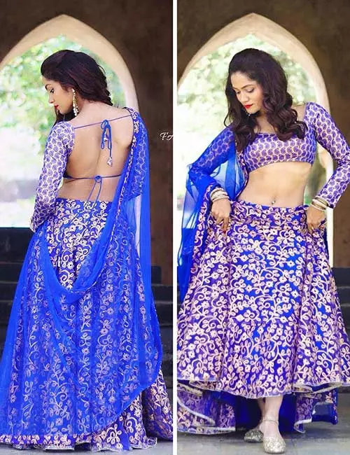 Purple zardozi choli with a backless blouse