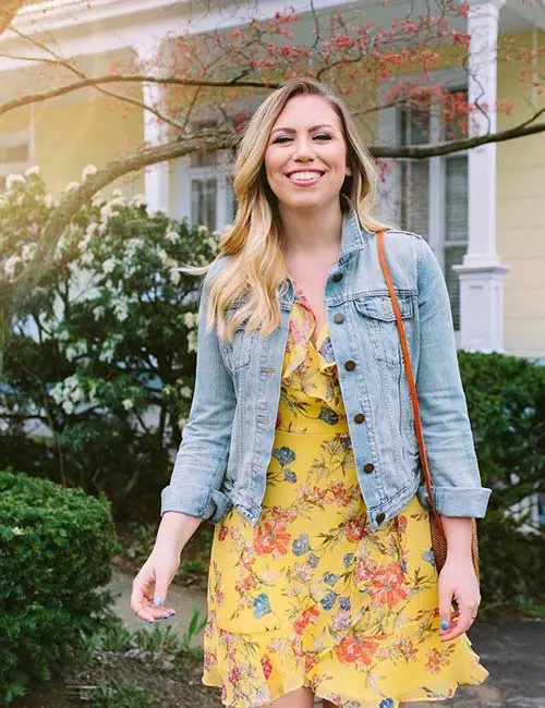 Jeans jacket with floral dress