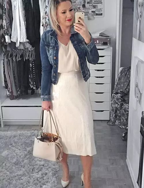 Jeans jacket with white evening dress