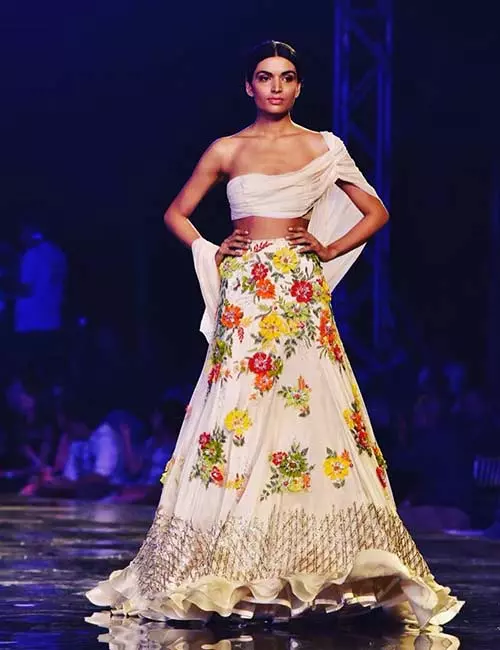One-sided floral couture lehenga style