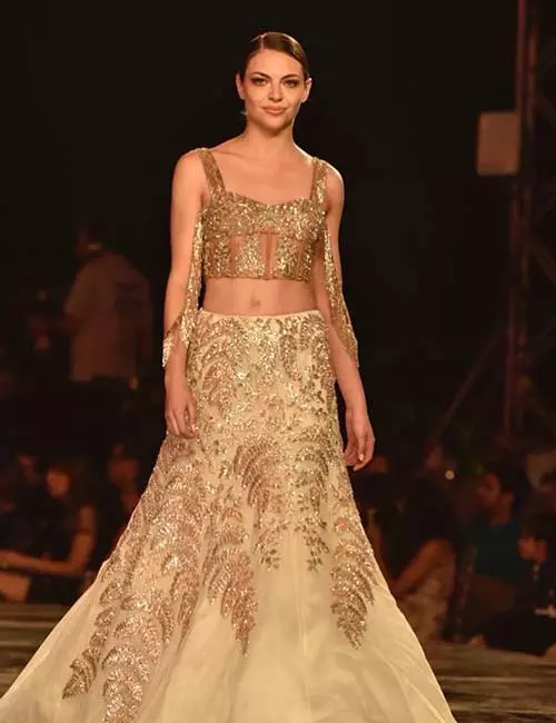 Crop top style blouse and golden tulle lehenga skirt