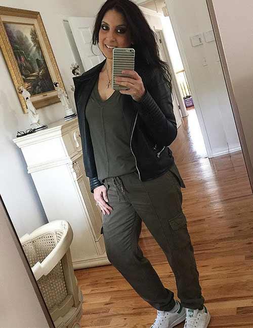 black shirt olive green pants