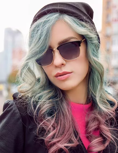 Teal colored hair with pink highlights