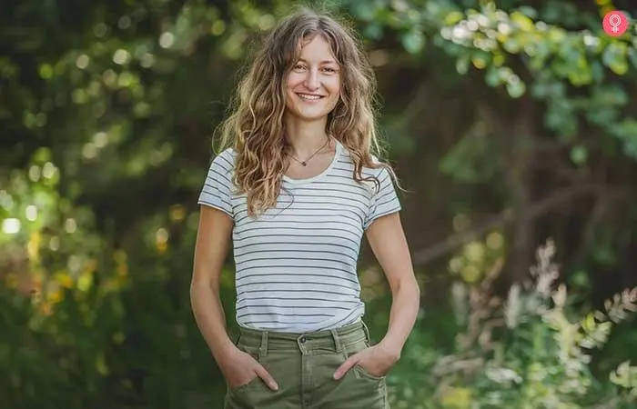 Olive green denim with striped t-shirt